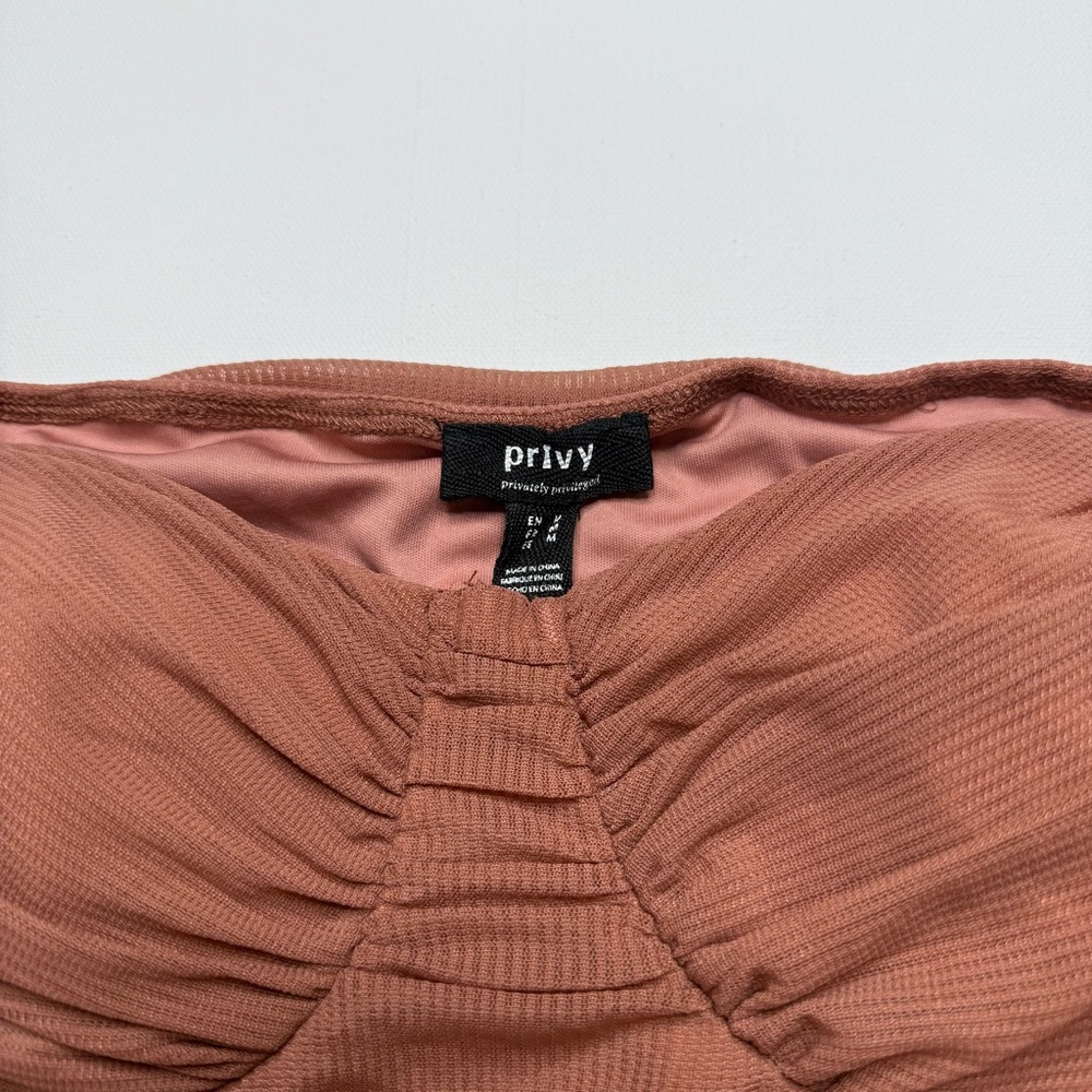 PRIVY Mesh Ruched Crop Top Tie Long Sleeve Feminine Mauve Rose - Picture 3 of 4